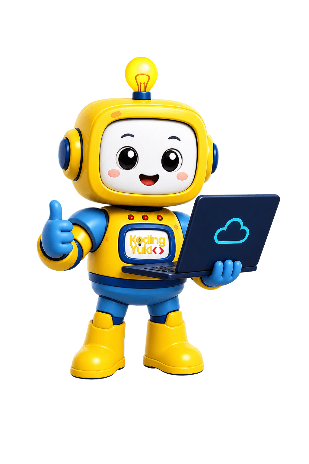 Maskot KodingYuk membawa laptop untuk membantu project online